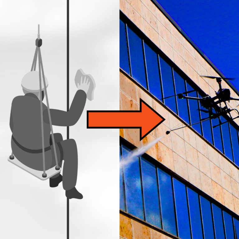 A picture split into two sides; the left one depicting an industrial climber cleaning an office window from outside, and a drone doing the same on the rigtht. There is an arrow pointing to the drone from the person and the right side is much more vivid, while the left side is grey.