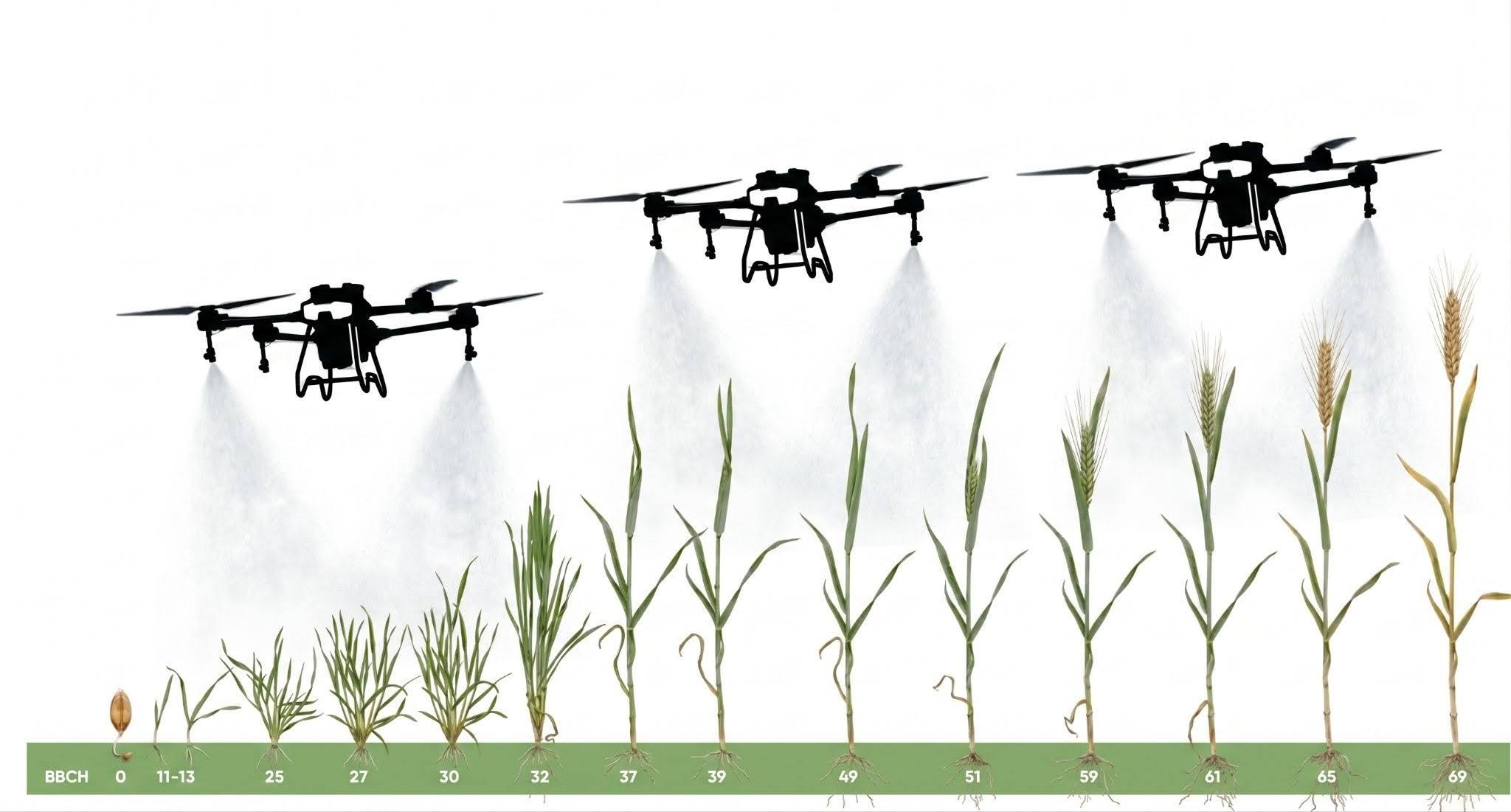 Wheat growth stages BBCH 0-69 with drone spray application windows