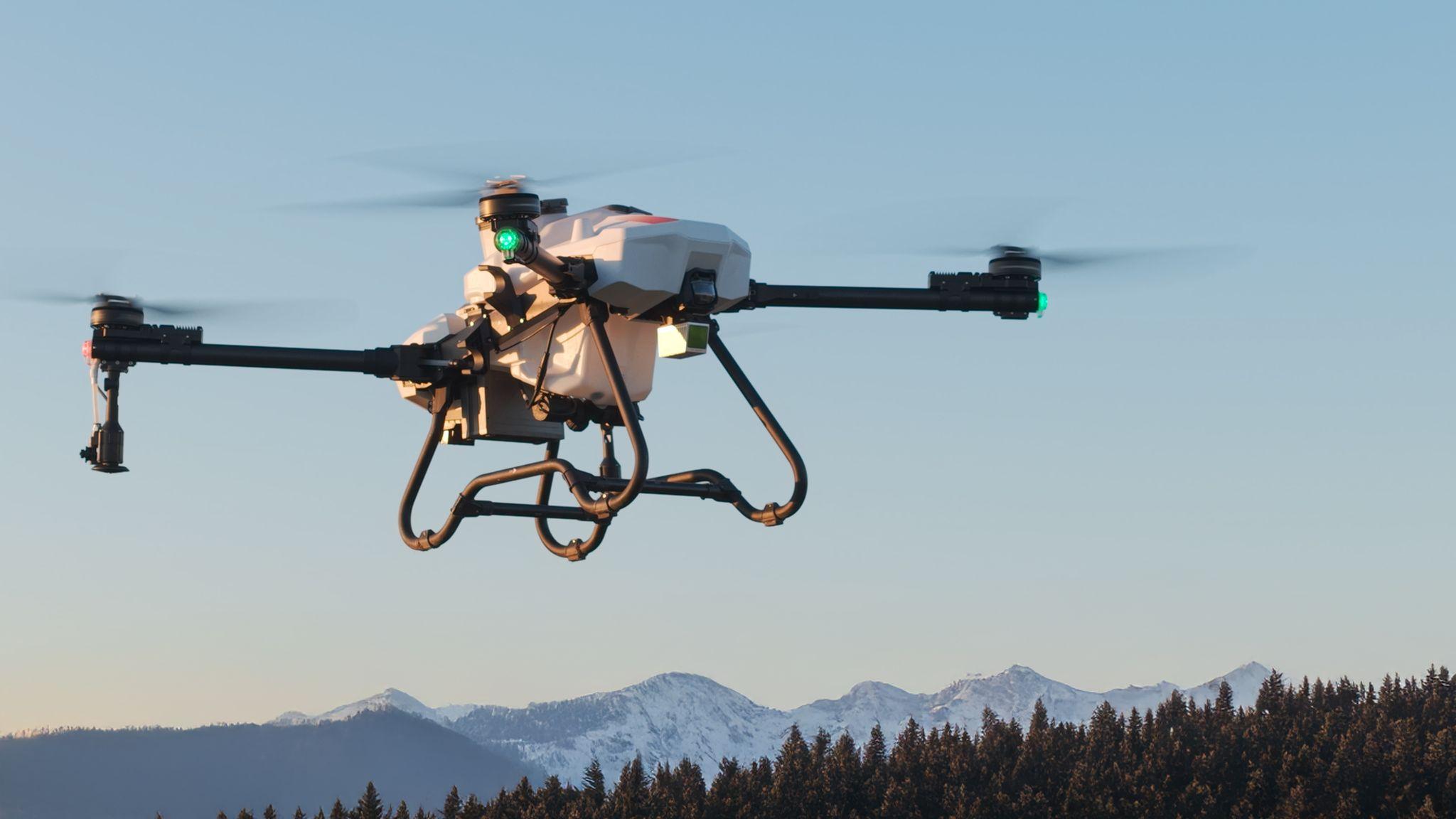 Spraying drone on difficult terrain