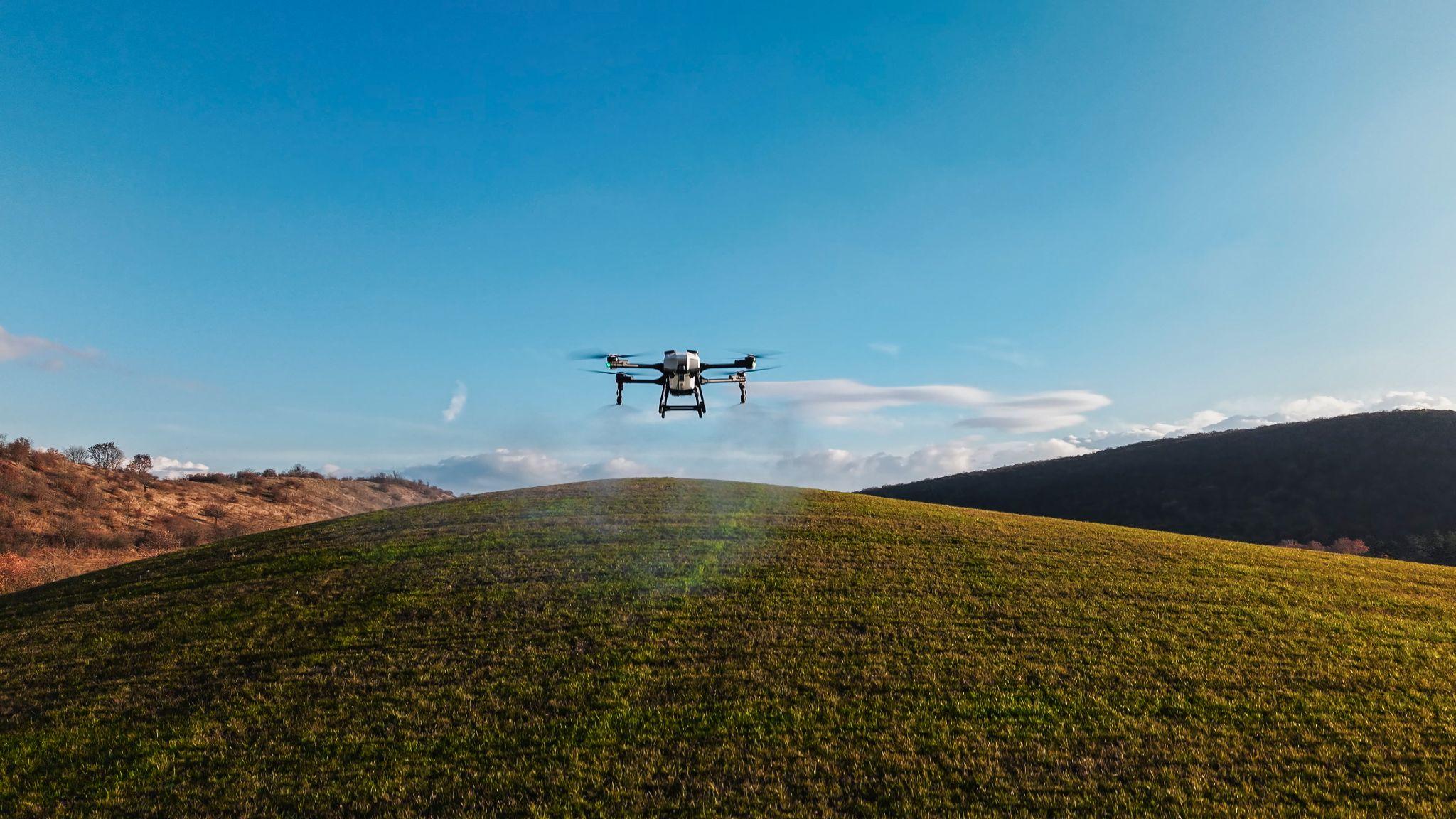 Spraying drone on difficult terrain